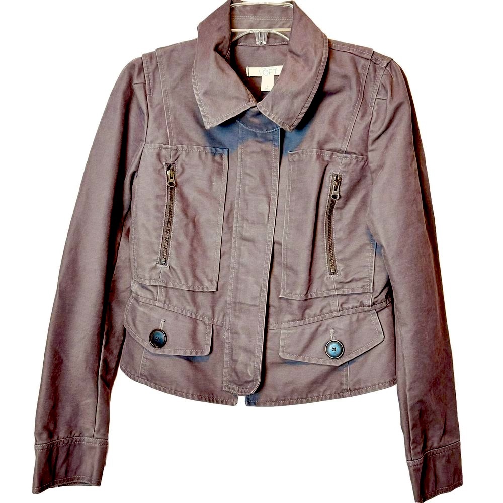 Ann Taylor LOFT Women’s Taupe Brown Cotton Canvas Short Utility Moto Jacket Sz 6